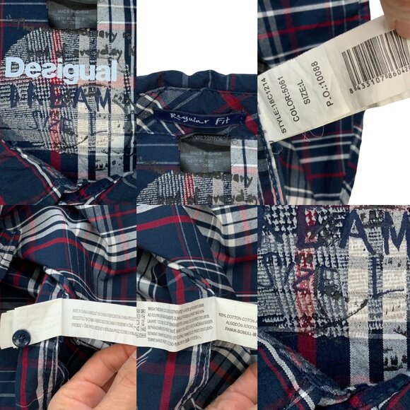 Desigual Button Front Shirt L Blue Plaid Knit Long Sleeve Elbow Patch Graphics - Picture 5 of 11